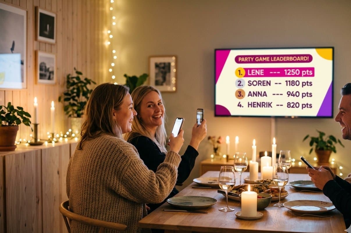 Vänner på middag spelar sällskapsspel — ställningen visas på TV:n, medan alla har mobilen i handen.