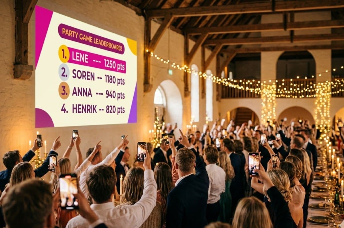 Stor fest där spelets ställning projiceras på väggen, medan gästerna hejar med mobilen i luften.