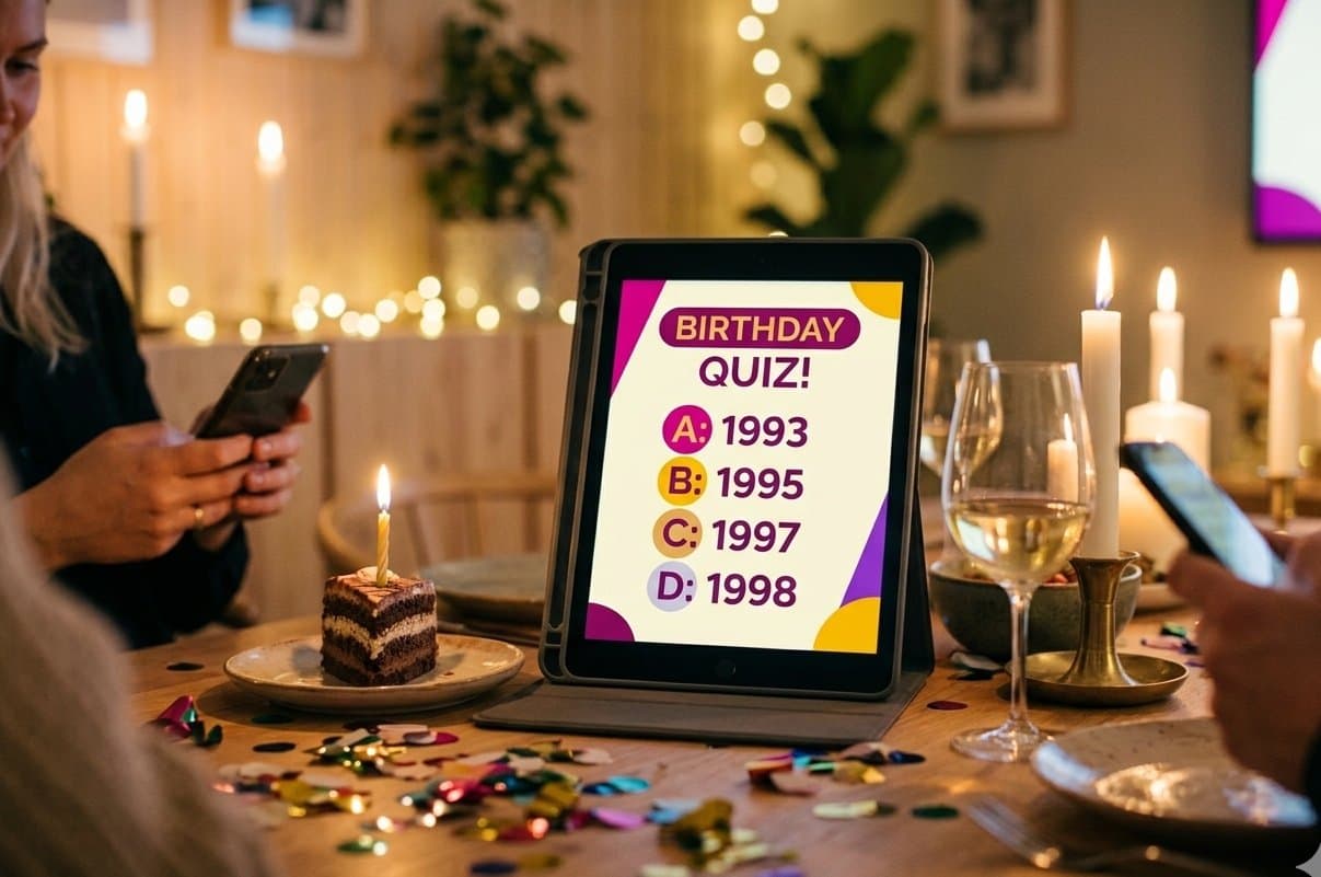 En iPad mitt på bordet visar ett födelsdagsquiz, medan gästerna svarar från sina egna telefoner.