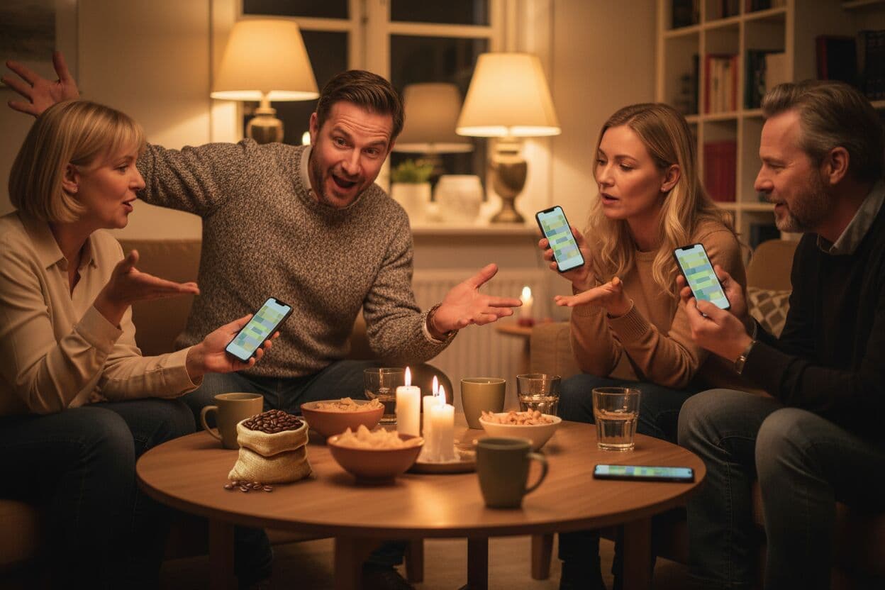 En spelare handlar högljutt medan de andra diskuterar med mobilen i handen