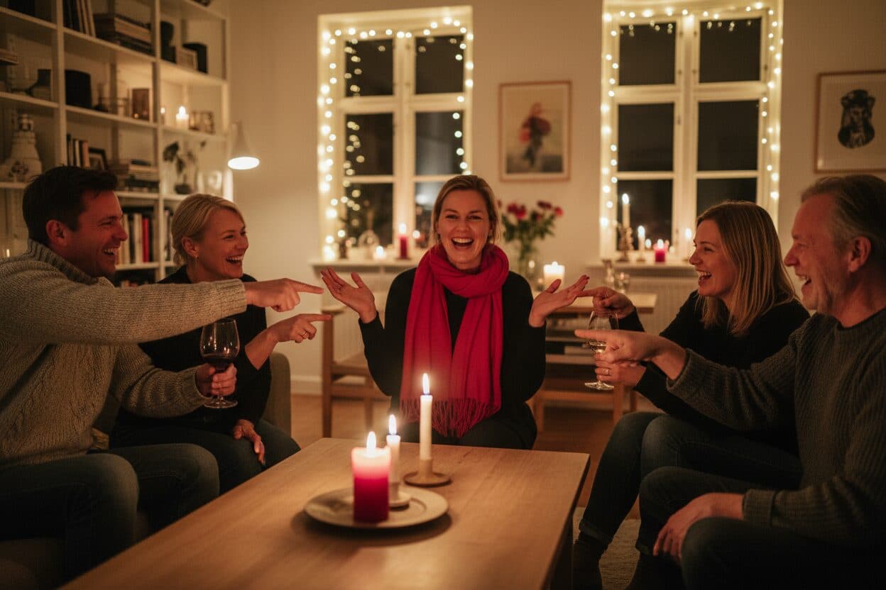 En grupp vänner pekar anklagande på en som kastar upp händerna i låtsad oskuld