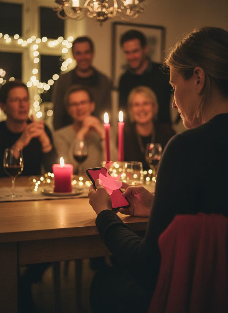 En gäst skyddar telefonen med handen, skärmen lyser mörkrött