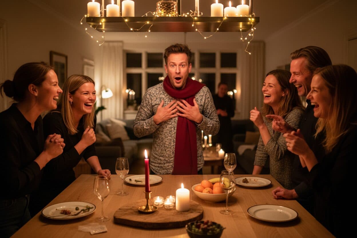 En gäst tar sig dramatiskt åt bröstet efter att ha blivit påkommen medan vännerna skrattar