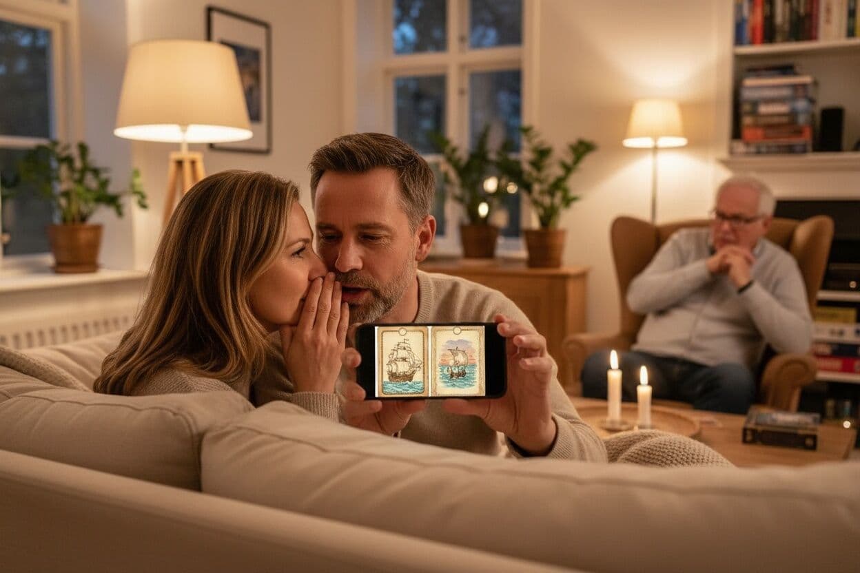 Två lagkamrater viskar och smider planer bakom mobilen medan en rival kisar misstänksamt