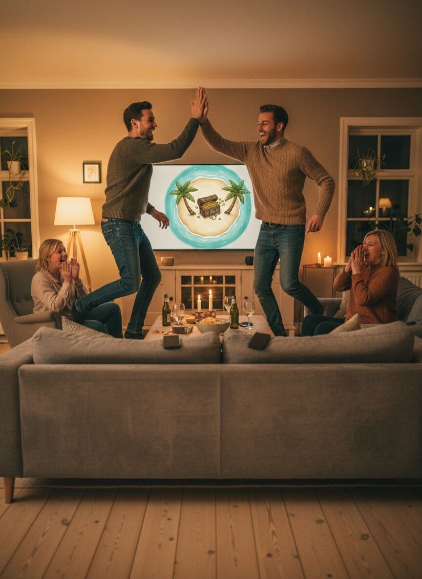 Två lagkamrater ger high five framför storbildsskärmen med en skattö medan de andra skrattar