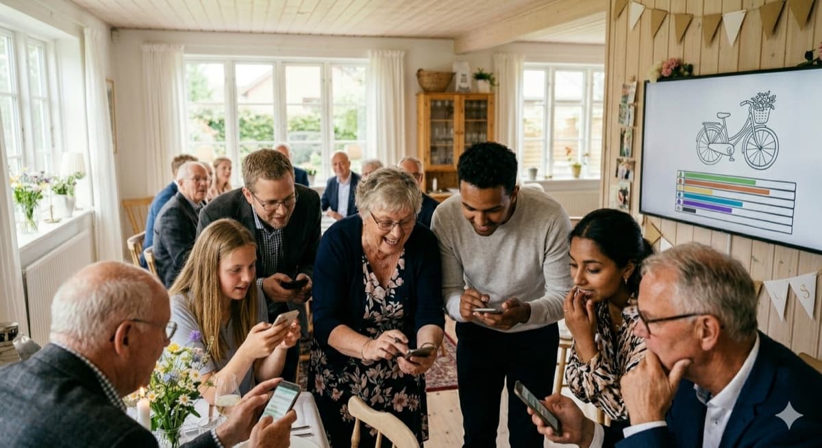 Holdet gætter på deres mobil mens tegningen og stillingen vises på storskærmen