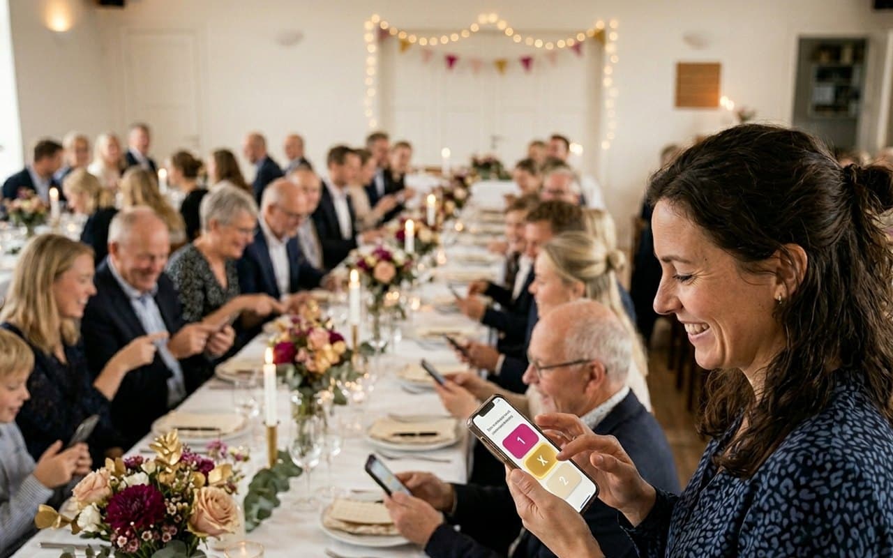 Gäster på en konfirmation svarar på frågor på sina mobiler vid de dekorerade borden